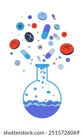 Ilustração vetorial de comprimidos e cápsulas flutuando de um frasco de laboratório em um estilo plano. Isolado no fundo branco. Perfeito para conteúdo farmacêutico, médico ou relacionado à química.