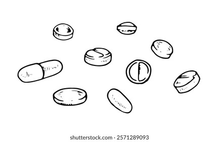 Vector illustration of pills, capsules, and tablets. Hand drawn black and white style. Detailed line art ideal for medical, pharmaceutical, or healthcare design concepts