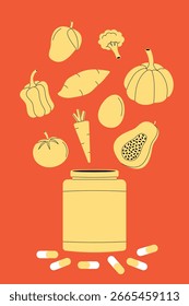Ilustración vectorial de píldoras que contienen vitaminas de verduras y frutas como tomates, papaya, mango, brócoli, zanahorias, pimientos, calabaza, batatas y también huevos.