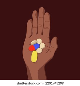 Ilustración vectorial de pastillas en la mano.