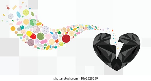 ilustración vectorial de píldoras y medicación para el corazón roto y la depresión