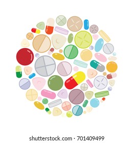 vector illustration for pills and medicine in circle shape design for pharmacy and health care concepts