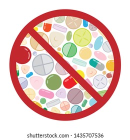 vector illustration of pills and medicine in restriction circle visuals for drug free or antibiotic restriction symbols