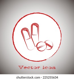 Vector illustration of pills Red round button on a gray background