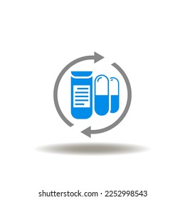 Ilustración vectorial del vial de pastillas y flechas redondas. Símbolo de la Administración de Alimentos y Medicamentos de la FDA. Icono de producción, control, manejo de píldoras.