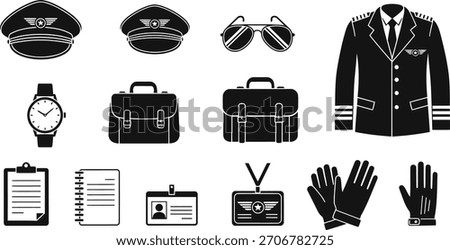 Vector Illustration of Pilot and Aviation Professional Accessories Icon Set. Uniform, Hat, Briefcase, and ID Badge Silhouettes.