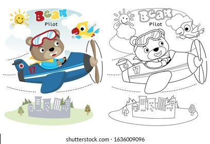 vector illustration of pilot bear on airplane with little bird, coloring book or page