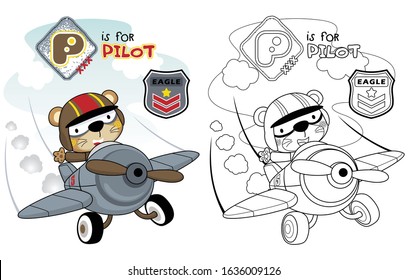 vector illustration of pilot bear on plane, coloring book or page