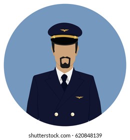 Vector illustration pilot business professional people avatar sign flat round icon. Pilot in dark blue uniform