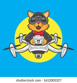 vector illustration of pilot cat riding and controlling drone in the air.