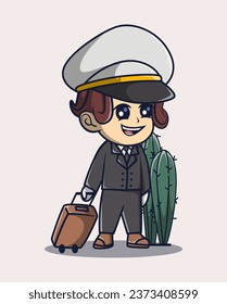 vector illustration of pilot in hat carrying cute suitcase. plants around. profession icon concept