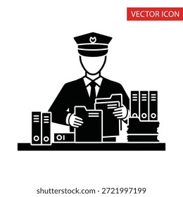 Una Ilustración vectorial de un piloto revisando meticulosamente los Planes y documentos de vuelo, rodeado de carpetas y carpetas.