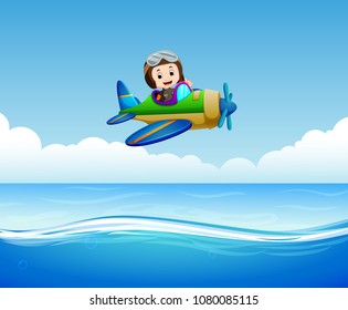 vector illustration of pilot riding plane over sea