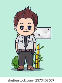 vector illustration of pilot standing in front of cute aviation map. plants around. profession icon concept