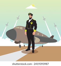 Vector illustration of a pilot standing on the runway with an airplane.