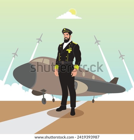 Vector illustration of a pilot standing on the runway with an airplane.