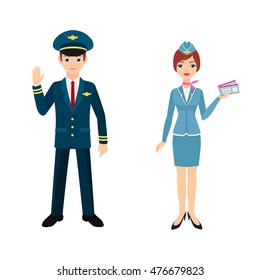 Vector illustration of pilot and stewardess