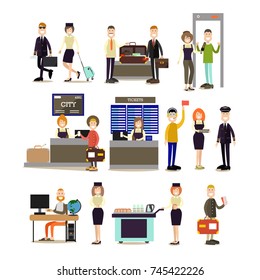 Vector illustration of pilot, stewardess, airline check-in attendant, ramp agent, ticket agent, security staff and passengers. Airport people flat symbols, icons isolated on white background.