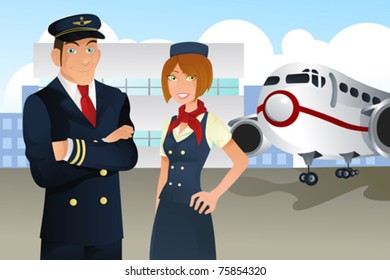 A vector illustration of a pilot and a stewardess in the airport