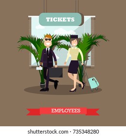 Vector illustration of pilot and stewardess with luggage. Airline staff, cabin crew concept design element in flat style.