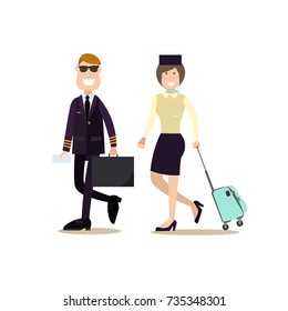 Vector illustration of pilot and stewardess with luggage. Airline staff, cabin crew flat style design element, icon isolated on white background.