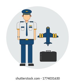 vector illustration of a pilot wearing a white shirt, blue pants and a black suitcase and an airplane