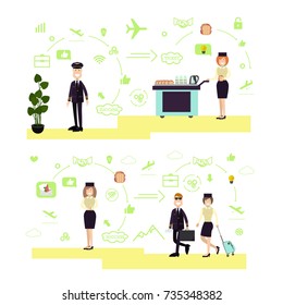 Vector illustration of pilots and stewardess with airline food trolley. Airport people symbols, icons isolated on white background. Flat style design.