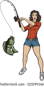 Vector illustration with a pin up girl with a fishing rod on a white background 