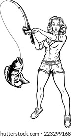 Vector illustration with a pin up girl with a fishing rod on a white background