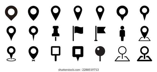 Ilustración vectorial del icono del mapa de pines. Colección de punteros de ubicación GPS.