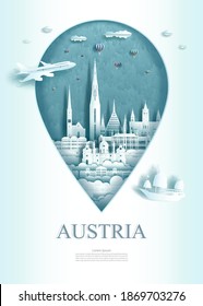 Vector illustration pin point symbol. Travel Austria architecture monument pin in europe with ancient city building business travel poster and postcard. Tour landmarks of vienna architecture