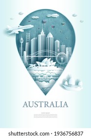 Vector illustration pin point symbol. Travel Australia architecture monument pin in europe with ancient city building business travel poster and postcard. Tour landmarks of sydney modern architecture.