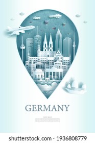 Vector illustration pin point symbol. Travel Germany architecture monument pin in europe with ancient city building business travel poster and postcard. Tour landmarks of Berlin ancient architecture.