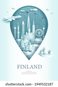 Vector illustration pin point symbol. Travel Finland architecture monument pin in europe with ancient city building business travel poster and postcard. Tour landmarks of Helsinki modern architecture.