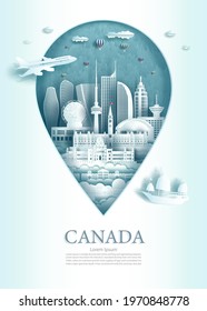 Vector illustration pin point symbol. Travel Canada architecture monument pin of Toronto famous in asia with modern and ancient city building business landmarks of architecture.