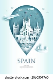 Vector illustration pin point symbol. Travel landmarks Spain architecture monument pin in europe with ancient city building business travel poster and postcard. Tour landmark of madrid architecture.