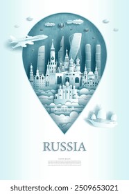 Vector illustration pin point symbol. Travel Russia architecture monument pin in europe with ancient city building business travel poster and postcard. Tour landmarks of moscow ancient architecture.