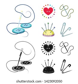 Vector illustration of pin and sewing sign. Set of pin and sketch stock symbol for web.