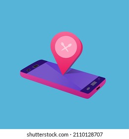 vector illustration of a pin with a smartphone to show the location of your business, relevant to your business plus a fork and spoon element in the middle of the pin