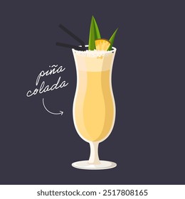 Vector illustration of Pina colada isolated on black background. Tropical cocktail garnished with slice of pineapple