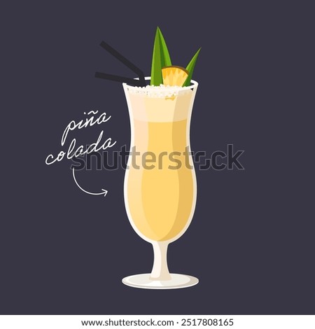 Vector illustration of Pina colada isolated on black background. Tropical cocktail garnished with slice of pineapple