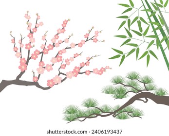 Vector illustration of pine, bamboo, and plum