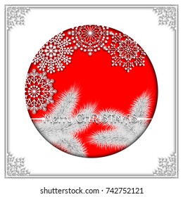 Vector illustration of pine branch on red background with snowflakes. Frame with snowflakes for design of New Year's greeting card, invitation, poster, banner or website. Winter Christmas background.