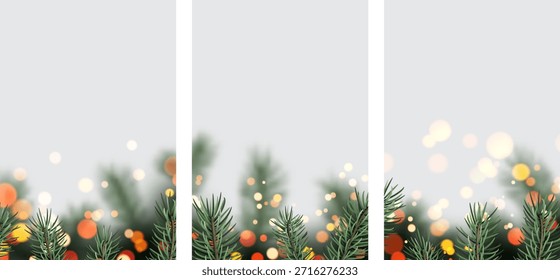 Ilustración vectorial de ramas de pino con luces bokeh brillantes en un diseño tríptico, perfecto para tarjetas y fondos festivos.
