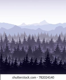Vector illustration of pine forest in fog on mountains background. Coniferous forest, fir silhouette mysterious landscape of forest.