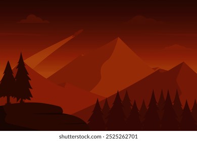 Ilustración vectorial de un paisaje de colinas de pinar con un cohete a través del cielo en el fondo