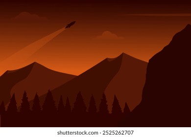 Vector illustration of a pine forest hills landscape with a rocket across the sky in the background