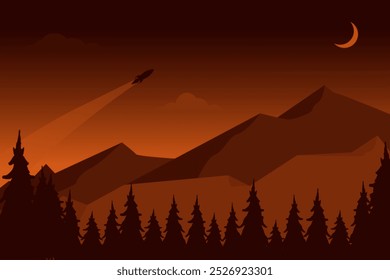 Ilustração vetorial de um pinhal floresta colinas paisagem com um foguete através do céu no fundo