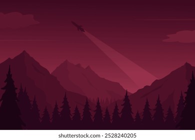 Vector illustration of a pine forest hills landscape with a rocket across the sky in the background