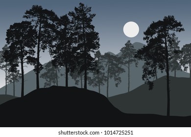Vector illustration of pine forest in mountain landscape with rising sun or moon